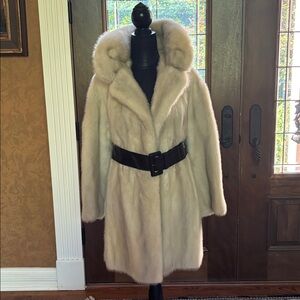 Elegant Cream MINK Fur Coat with Brown Belt